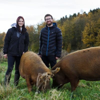 Nature-Friendly Farming Apprentice, Elli Foxton with supervisor Joe Clements, Conservation Manager at Lowther with two Tamworth Pigs used for conservation grazing at Lowther